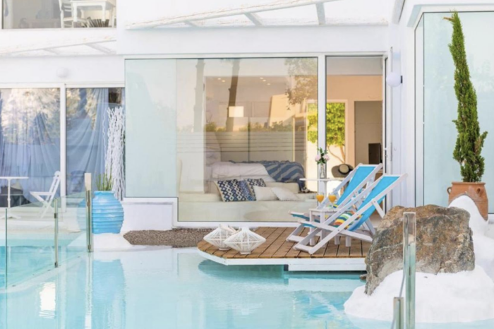Suite with Private Pool and sunbeds at Kouros Home and Suites in Faliraki, Rhodes.